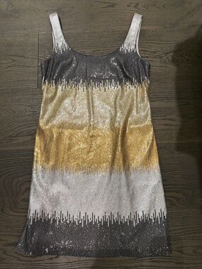 Sequin Stripe Sleeveless Shift Dress in Gold & Silver